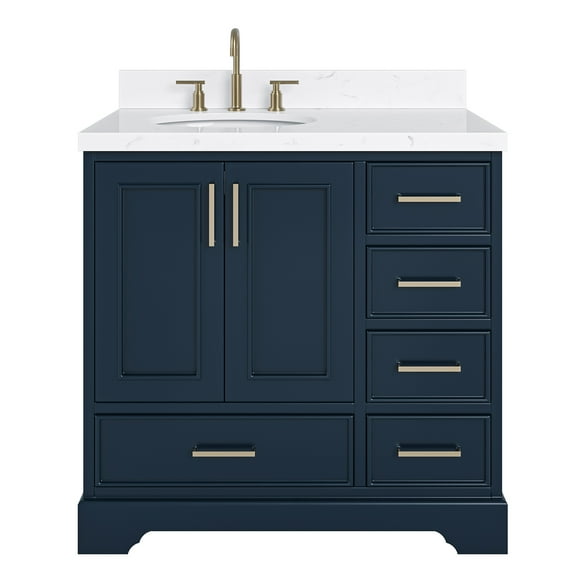 Ariel Stafford 36 Inch Single Left Offset Oval Sink Bathroom Vanity With Carrara White Quartz Countertop 1.5 Edge In Midnight Blue