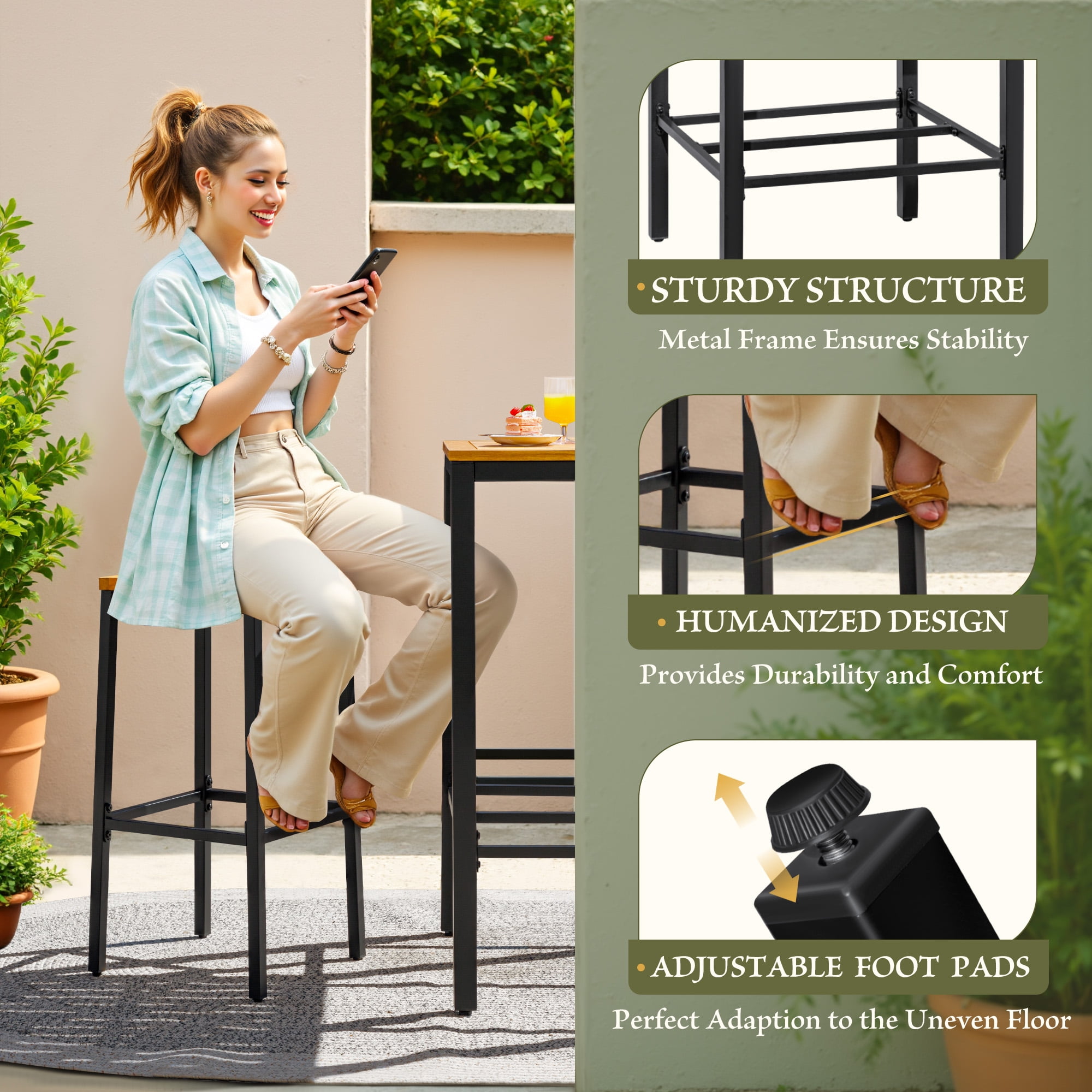 Devoko 3 Pieces Wood Patio Bar Set,Acacia Outdoor High Top Bar Stools with Table for Garden&Balcony