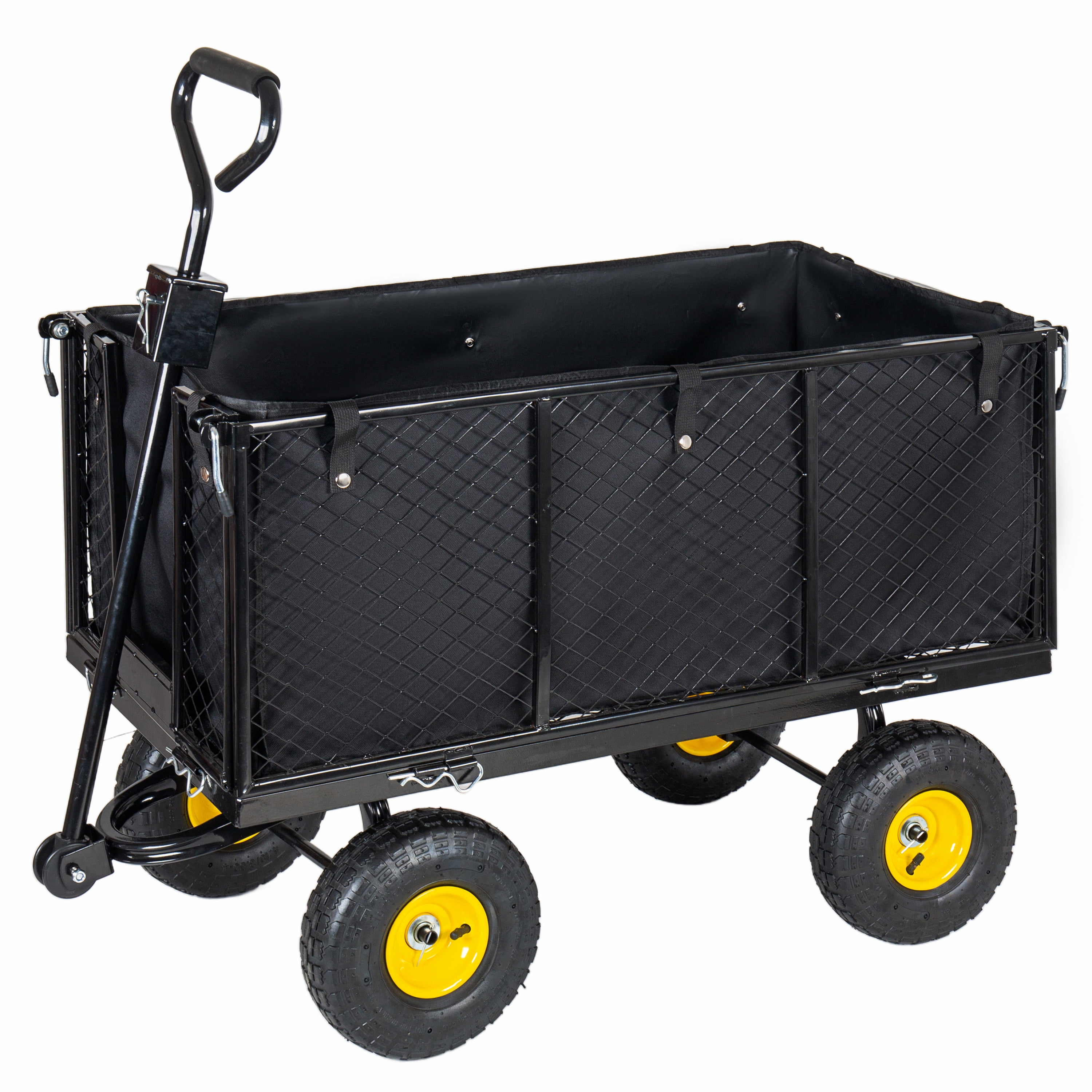 4-in-1 Oversized Steel Dump Garden Cart, 880lbs Mesh Metal Utility Cart, All-Terrain Pullable Wagon with Removable Liner, Side Panels & Mesh Tray for Lawn, Patio, Yard Landscaping