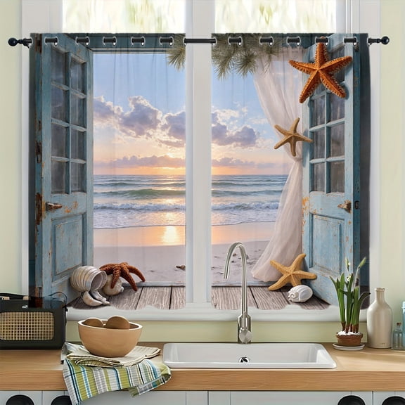 WNOOHIY Beach Scene Grommet Blackout Curtains, Thermal Insulated Noise‑Reducing Room Darkening Curtain Drapes for Bedroom Living Room, 2Pcs