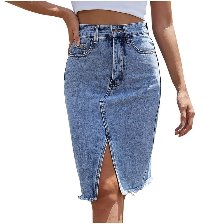 qolati Women's Casual Denim Skirt High Waisted Split Front Raw Hem Midi  Skirt Trendy Slim Fit Bodycon Jean Skirts
