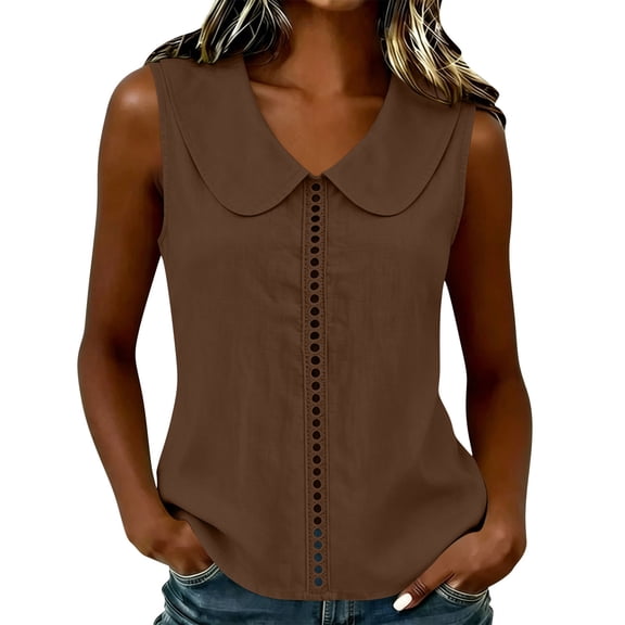 RQYYD Womens Collar Eyelet Trim Sleeveless Blouse Casual Slim Fit Tank Top for Daily Wear