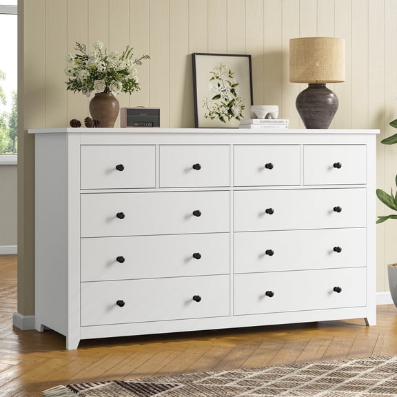White Dresser for Bedroom with 10 Drawers, Wide Chest of Drawers, Large Wooden Storage Dresser for Bedroom, Living Room,Hallway