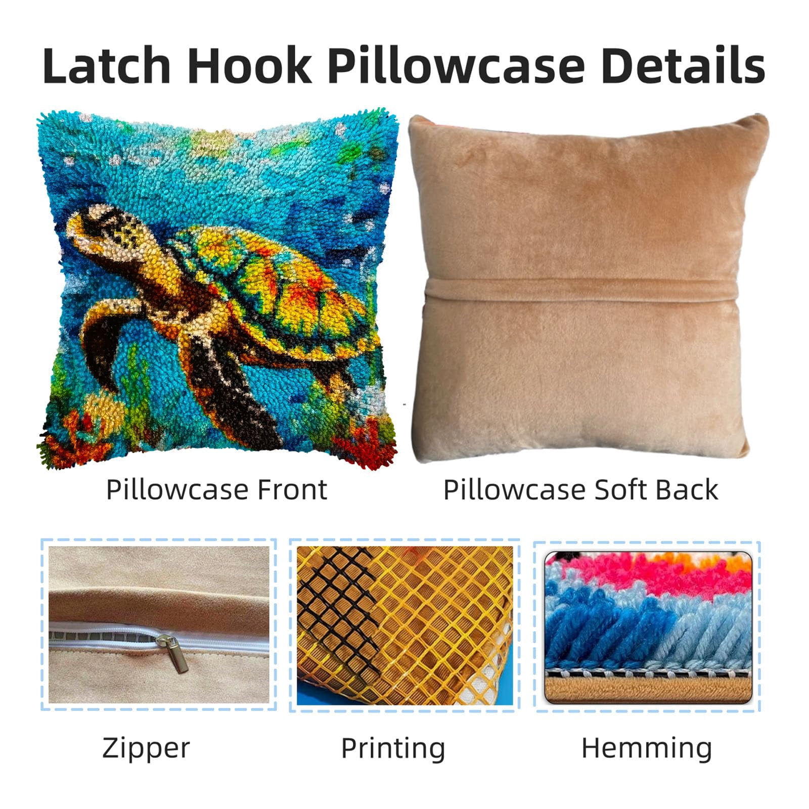 A Sea Turtle Swim DIY Latch Hook Pillow Kits for Adults Printed Pillowcase Crochet Yarns Hooking Handmade Pillow Cover Cushion for Home Sofa Decoration 17x17inch