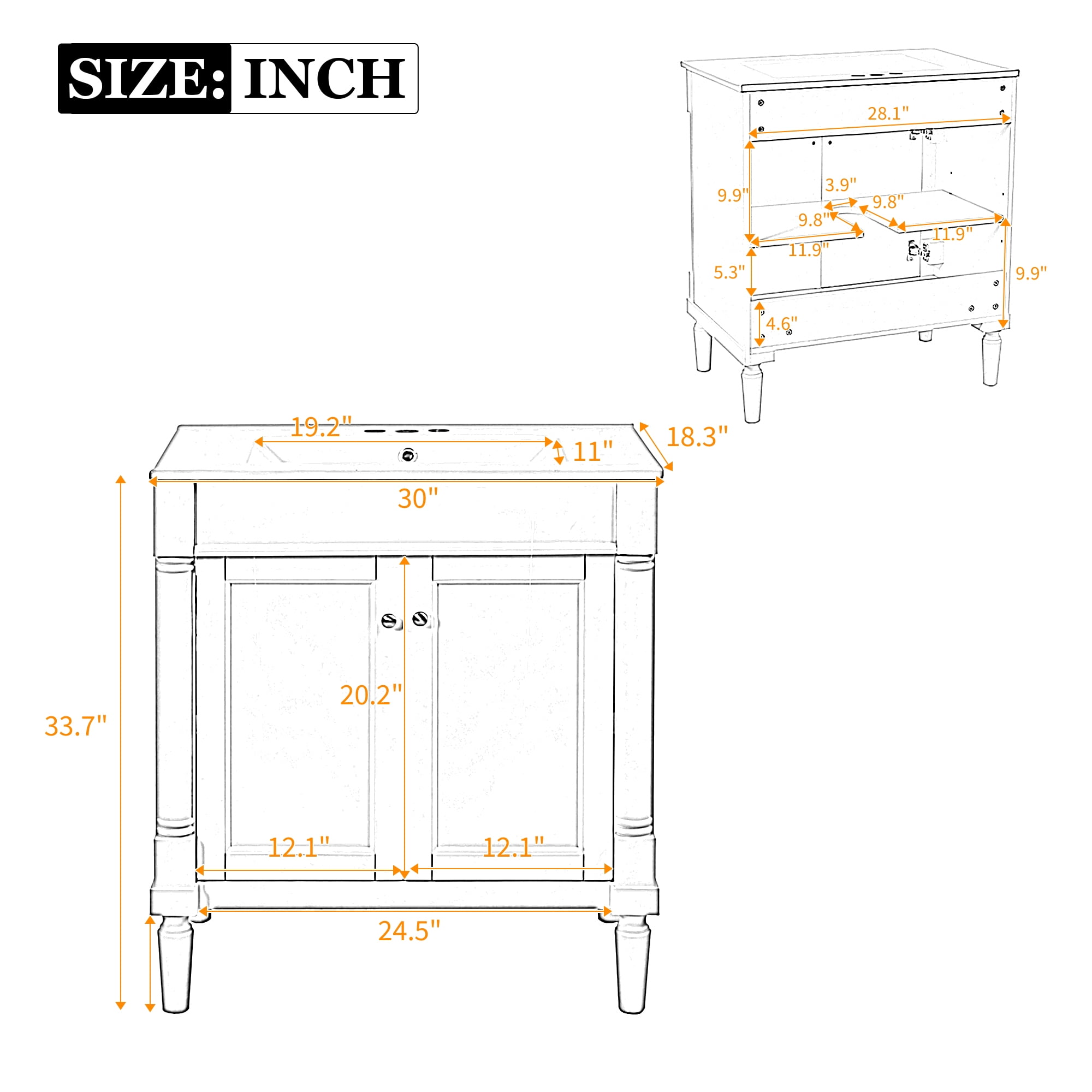 Euroco 30" Luxurious Bathroom Vanity Cabinet with Ceramic Sink Basin, 30-Inch, Storage Cabinet with Soft Close Doors and Solid Wood Legs