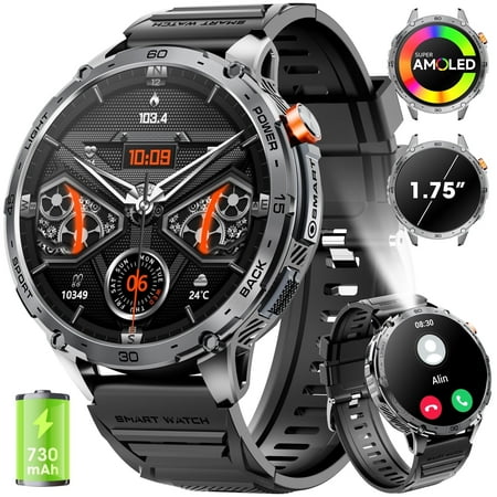 1.75-inch men's military smartwatch, with Fitness tracker, answer/make calls/over 100 sports modes, pedometer/mountaineering/fitness watch compatible with iPhone and Android（Black）