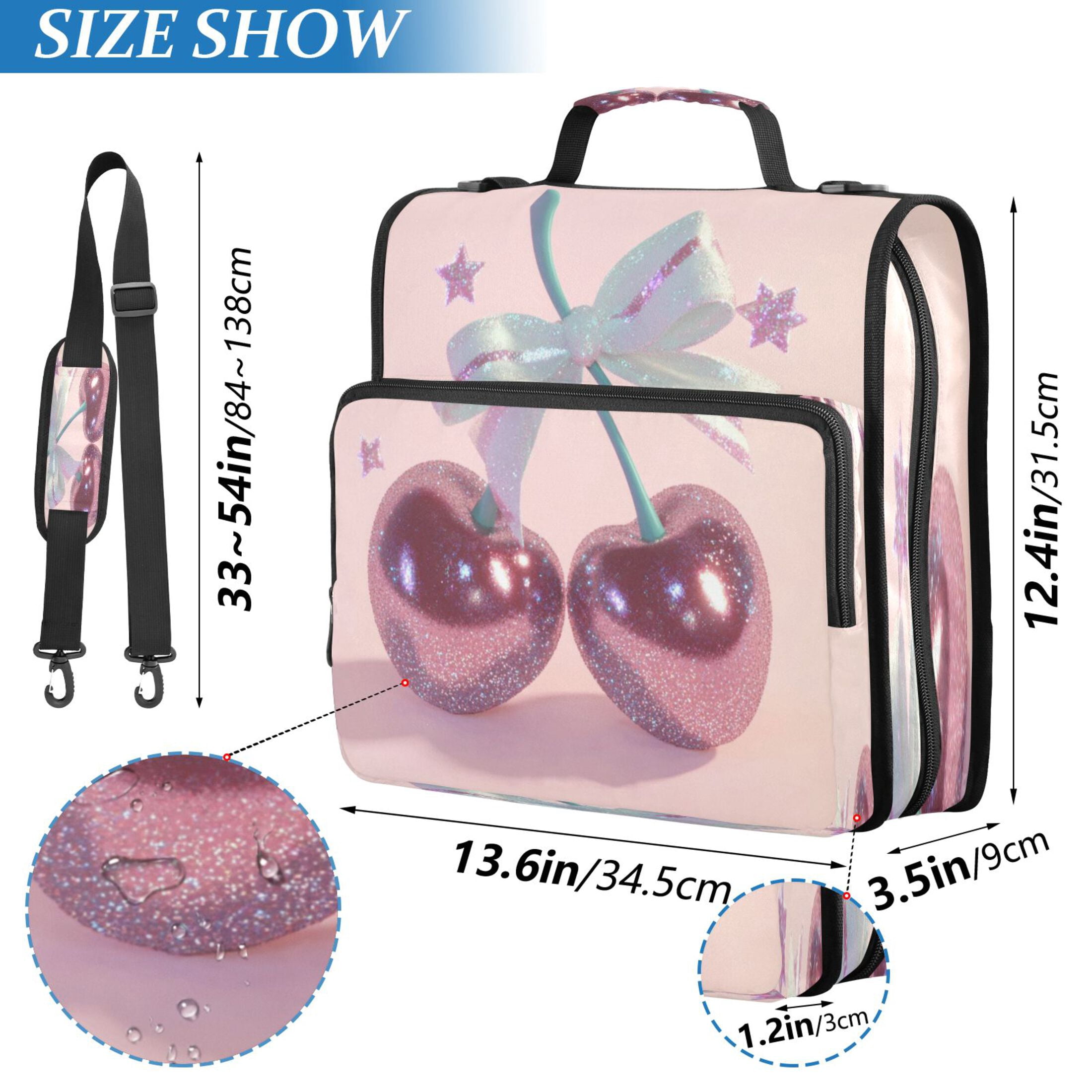Water-Resistant 3-Ring Binder Organizer with Multiple Pockets Zipper Binder Bag for Office Pink Large Cherries