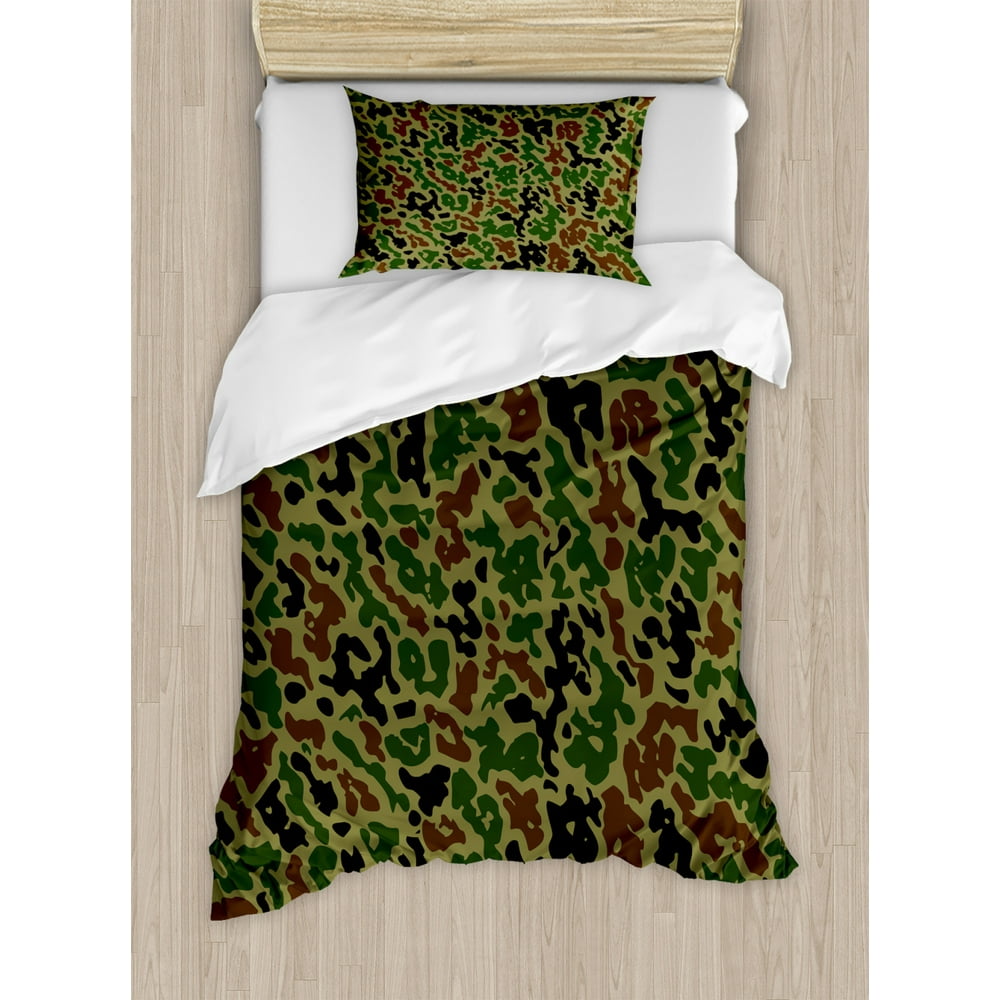 Camo Duvet Cover Set, Summer Camouflage Pattern Grungy Texture Hidden in Jungle Retro Style