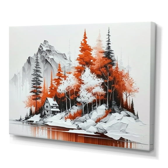 Designart Monochrome Orange Cottage In Winter XII Canvas Wall Art