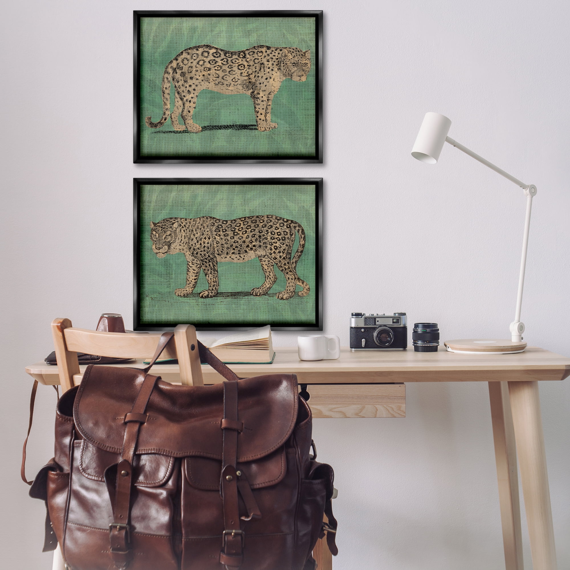 Stupell Industries Stunned Jaguar Hunting Animals Painting Black Floater Framed Canvas Art Print Wall Art, 31 x 25, Set of 2
