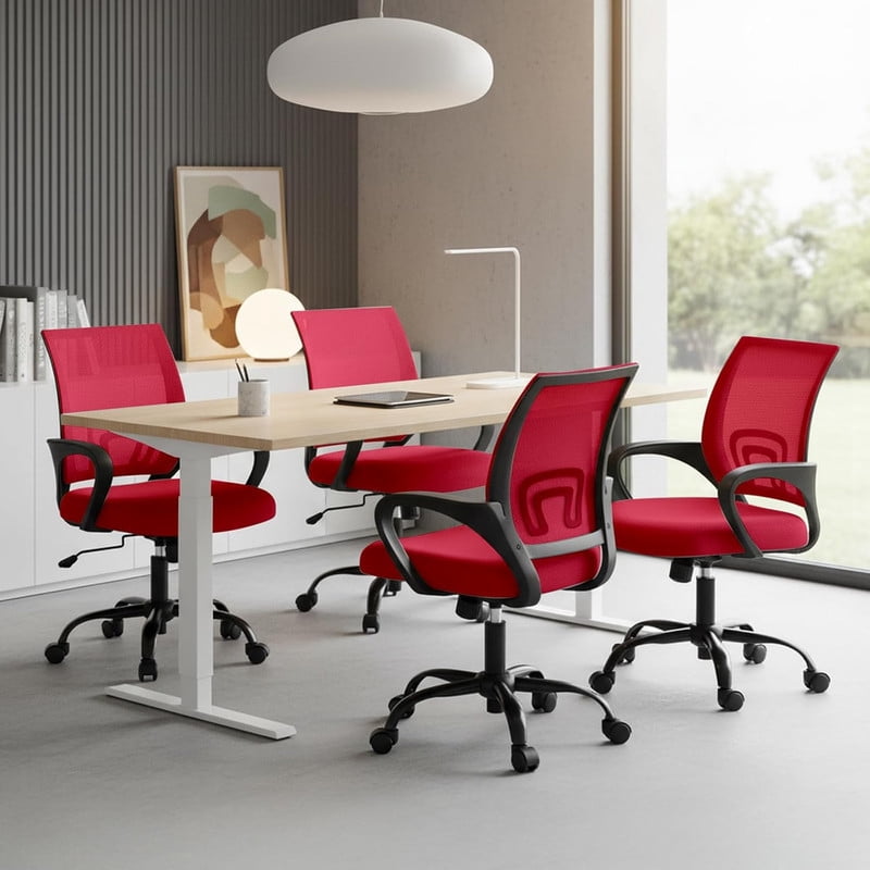 Simenmax Ergonomic Mid Back Office Chair, Red Mesh Computer Desk Chair with Lumbar Support, Rocking Mode for Home Office