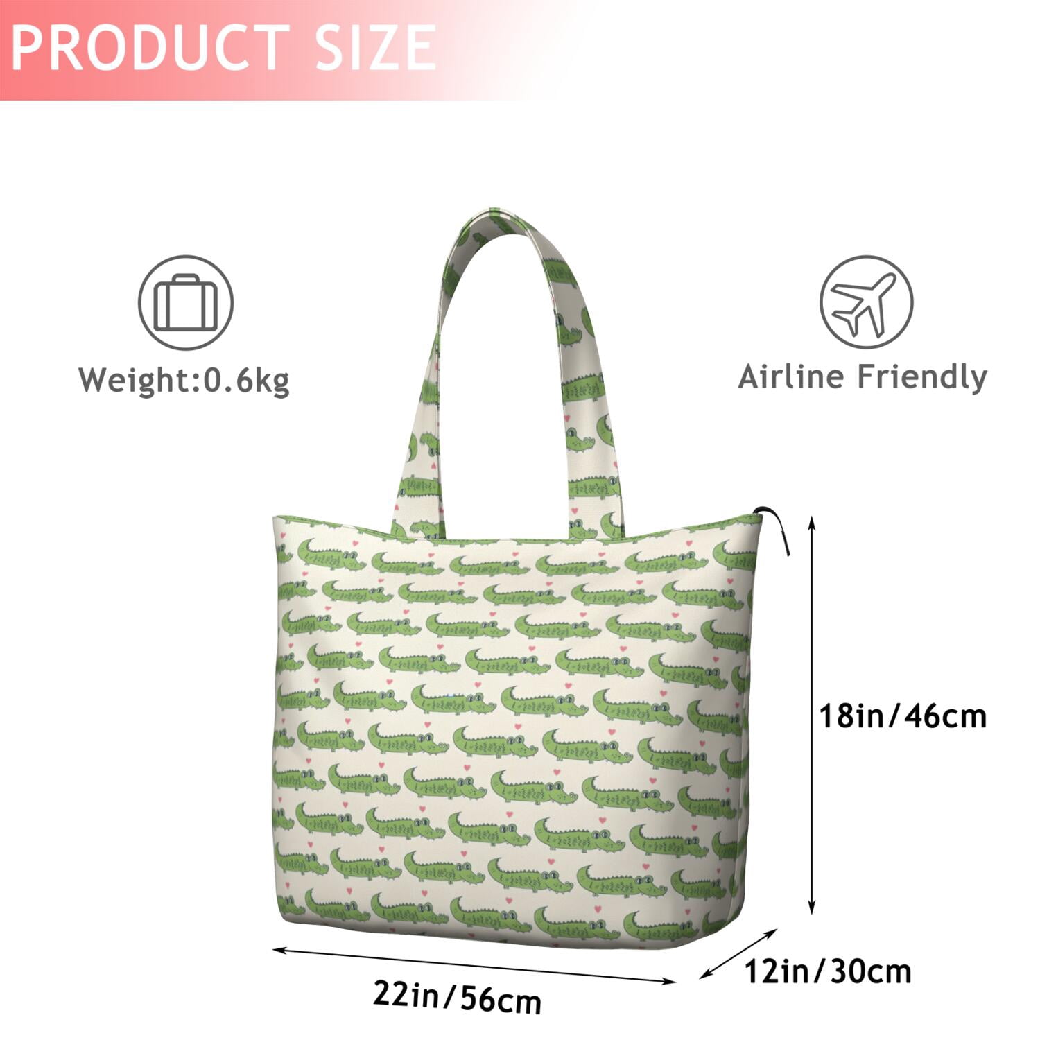 Green Cartoon Crocodiles Hearts Pattern Travel Tote Bags for Women Carry On,Large Weekender Bags for Women Travel,Multi Functional Duffle Bag for Work,Shopping,Sports