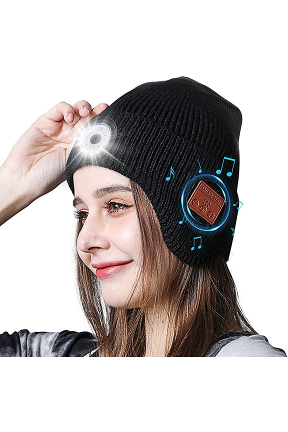Bluetooth Beanie Hat with Light, Built-in Microphone and Stereo Speakers Upgrade Musical Knitted Hat, Unisex USB Rechargeable Headphones Hat,LED Headlamp Cap for Men Women Black