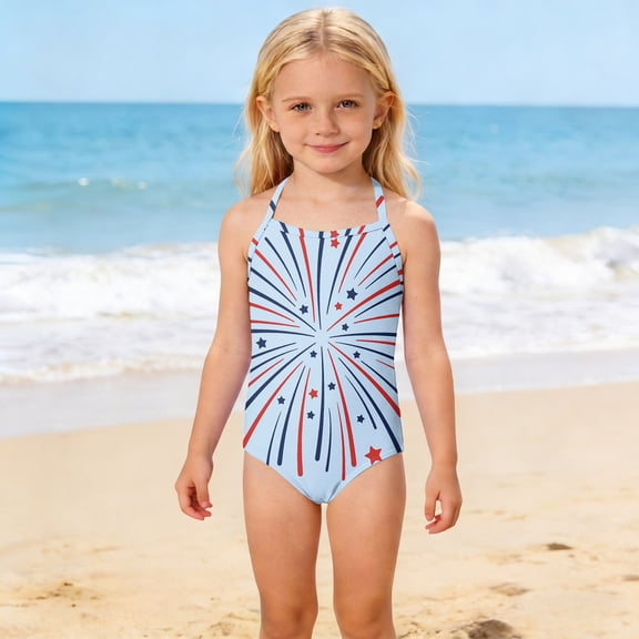 CCRFTGI 4th of July Girls Swimsuit Summer Beach Bathing Suit One Piece Patriotic American Flag Striped Swimwear Beach Adjustable Strap Girls Clothes Bathing Suits for Kids Sky Blue 5-6 Years