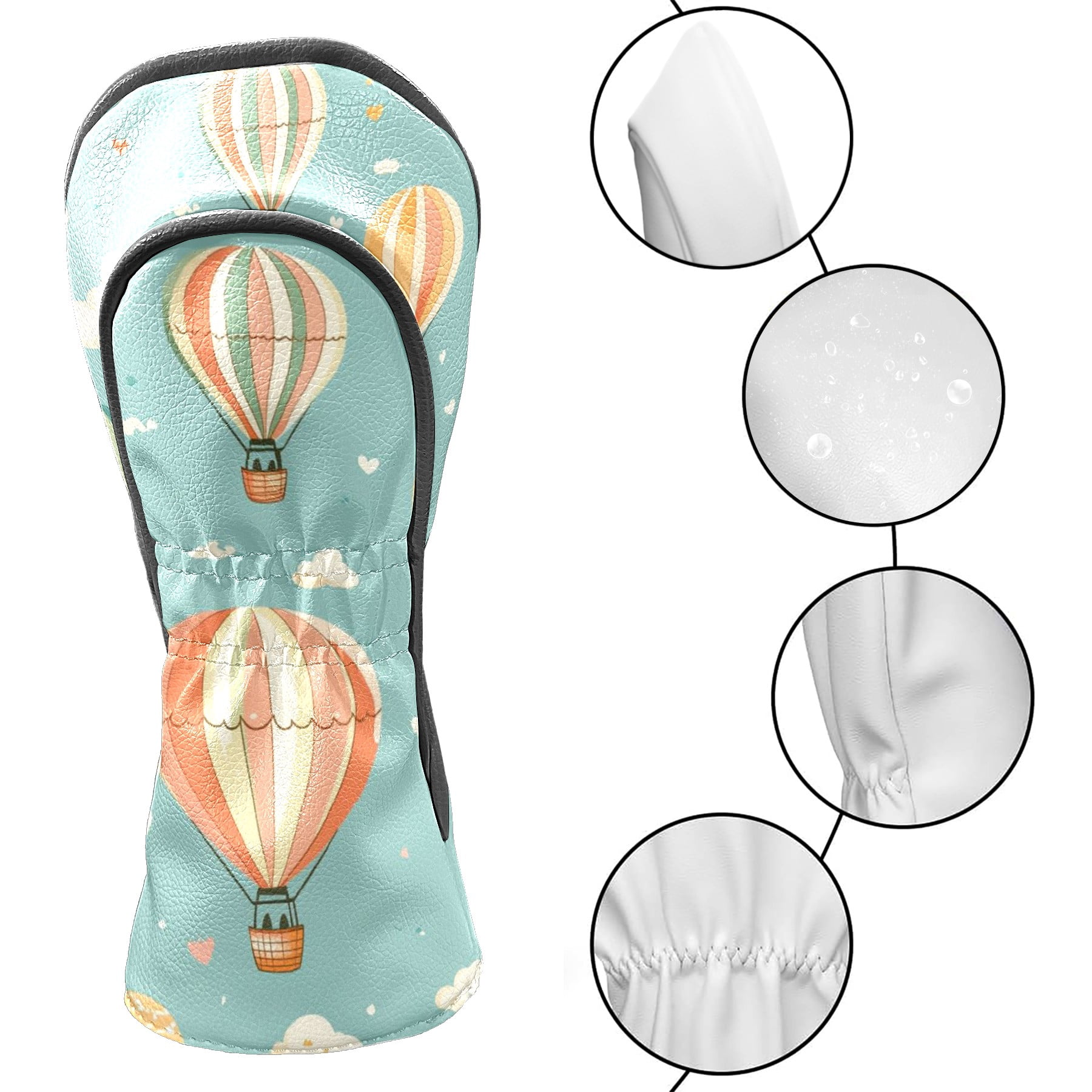 Golf Head Covers Colorful Hot Air Balloons Design for Driver, Wood & Hybrid, Premium Waterproof PU Leather with Plush Lining, Whimsical Golf Gifts