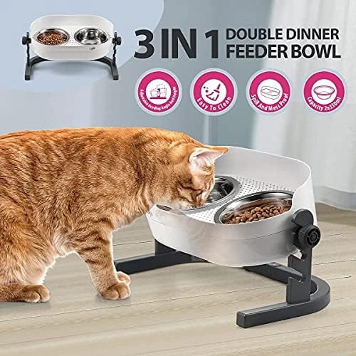 Height Adjustable Cat Elevated Bowls Stainless Steel Dog Food Water Bowls, Height Adjustable Cat Feeder Mess Proof Pet Feeding Bowls for Small to Large Size Cats
