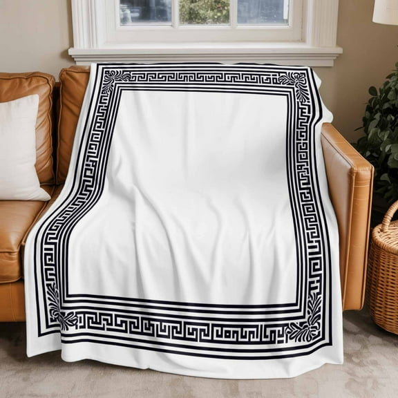 Throw Blanket for Couch Greek Key Soft Fleece Flannel Blankets Cozy Lightweight Blanket for Home Sofa Living Room White Black Geometric Bed Throws 40" x 50"
