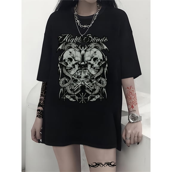 Women's Gothic Oversized Skull Snake Graphic T-Shirt