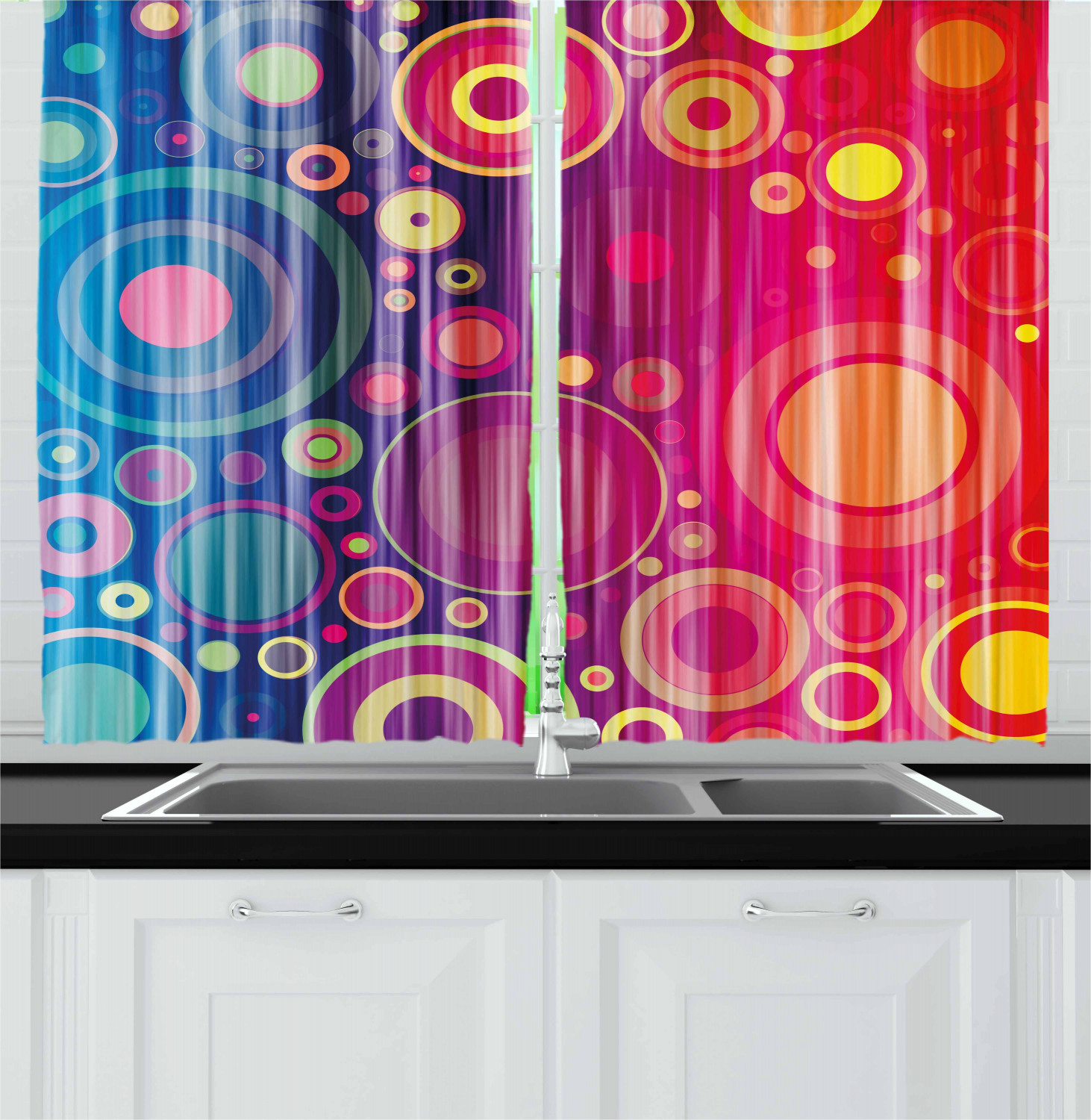 Art Curtains 2 Panels Set, Grunge Inspired Abstract Vivid Circles