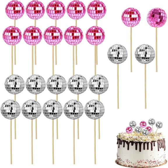24Pcs Disco Ball Cake Decorations, Mini Disco Balls Cake Toppers with Bamboo Sticks, Disco Ball Cupcake Toppers for Birthday Old School Style Party Cake Dessert Toppers (Silver & Pink)