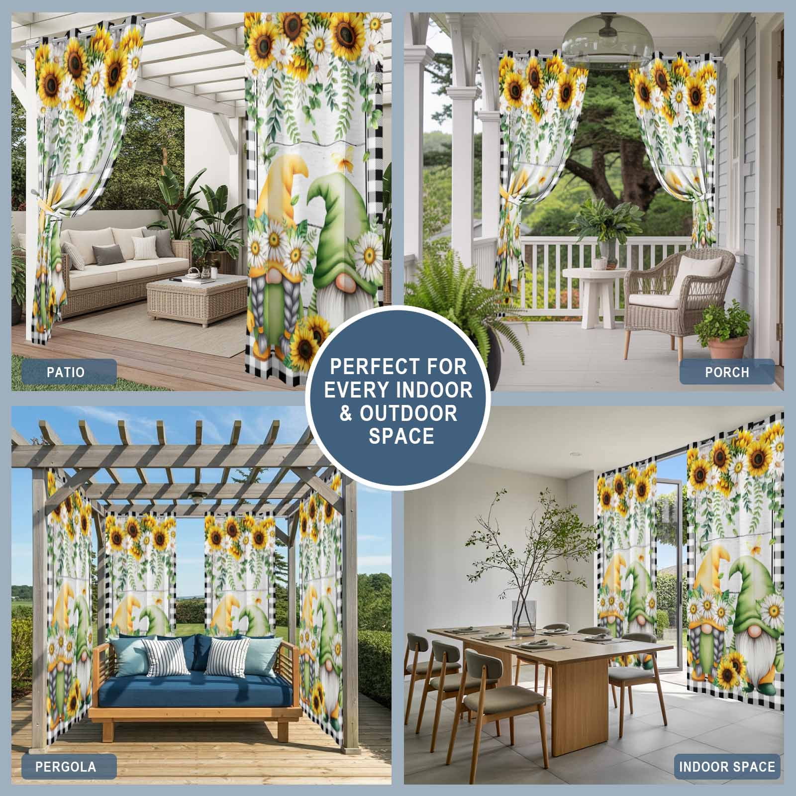 1 Panel Outdoor Curtains for Patio Waterproof 54"x95" Sunflower Gnomes Weatherproof Privacy Outsides Curtains, Spring Farmhouse Daisy Leaf Wooden Grain Grommet Thermal Drapes for Cabana Porch Pergola