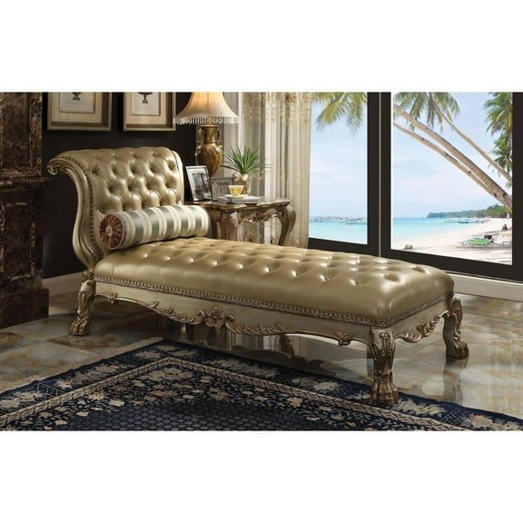 ACME Dresden Chaise w/Pillow in Bone Synthetic Leather & Gold Patina