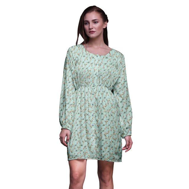 Bimba Tunique pour Femmes à Fleurs Roses Vertes et Renoncules, Haut à Manches Longues Boutonné, Imprimé, Robe Courte Décontractée - Grand