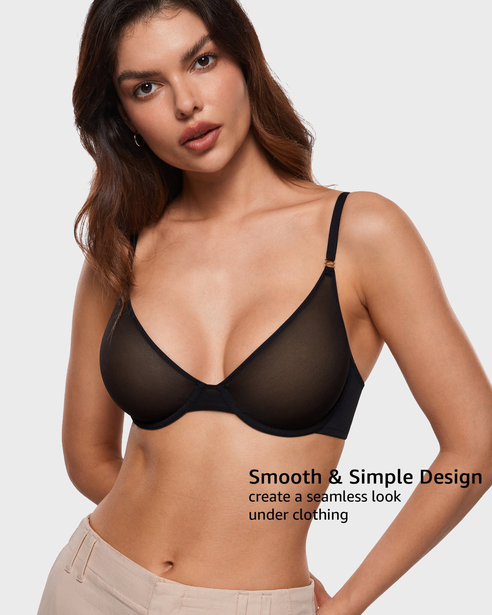 Women's Cosnufy Sheer Balconette Bra Demi Unlined Plunge Mesh See Through Sexy Bras Underwire