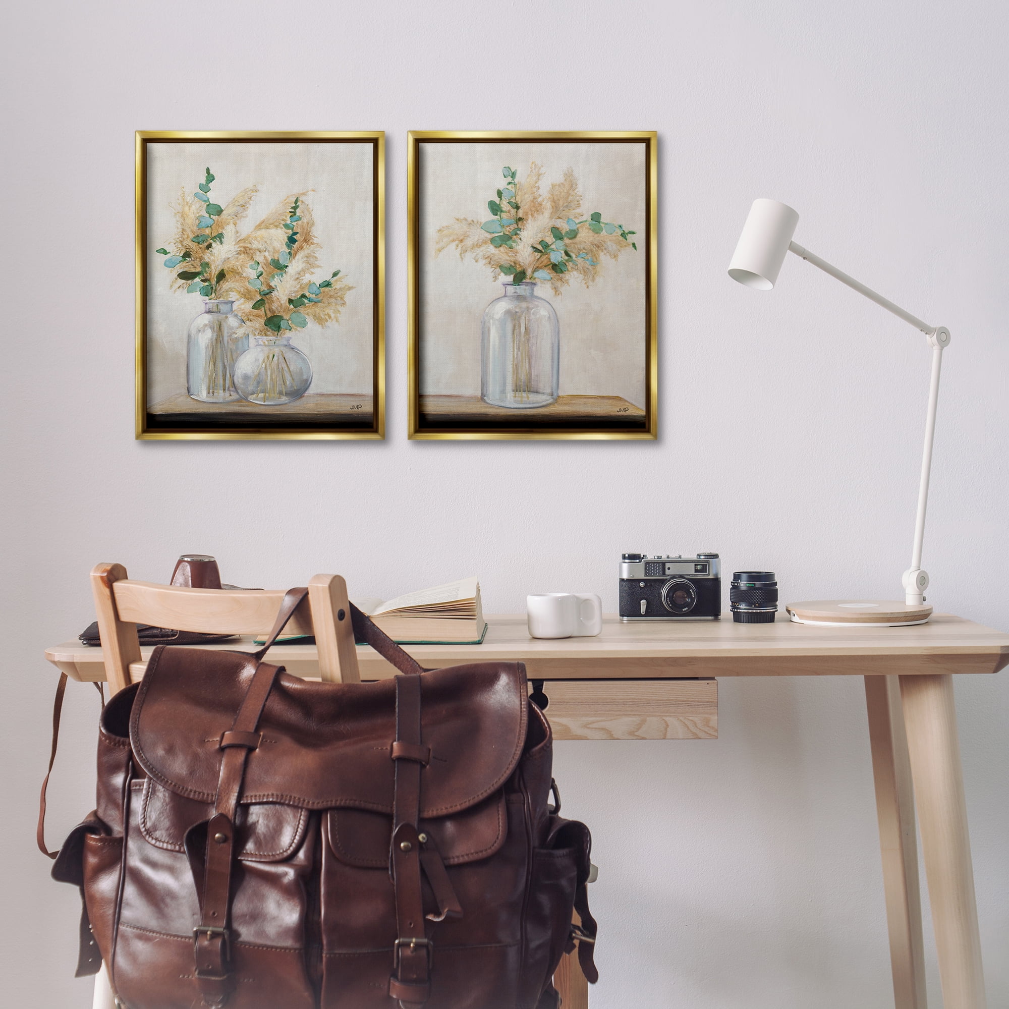Stupell Industries Pampas Eucalyptus Bouquet Plants & Flowers Painting Gold Floater Framed Canvas Art Print Wall Art, 17 x 21, Set of 2