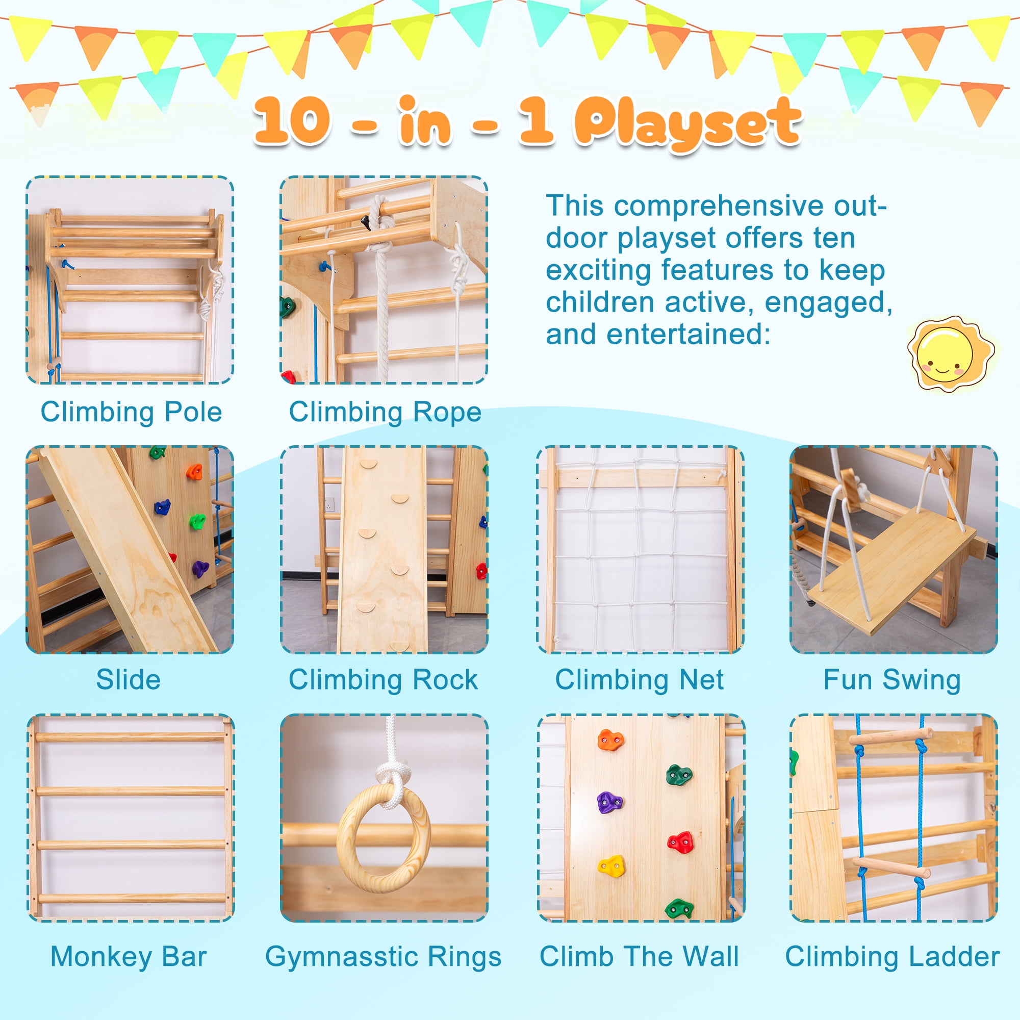 EUROCO 10-in-1 Wall-Mounted Wooden Playground Climbers, Indoor Jungle Gym for Kids, Ladder Wall Gym Set with Trapeze Swing, Rock Climbing Wall, Wooden Swings, Pull-up Bar and Rope Ladders