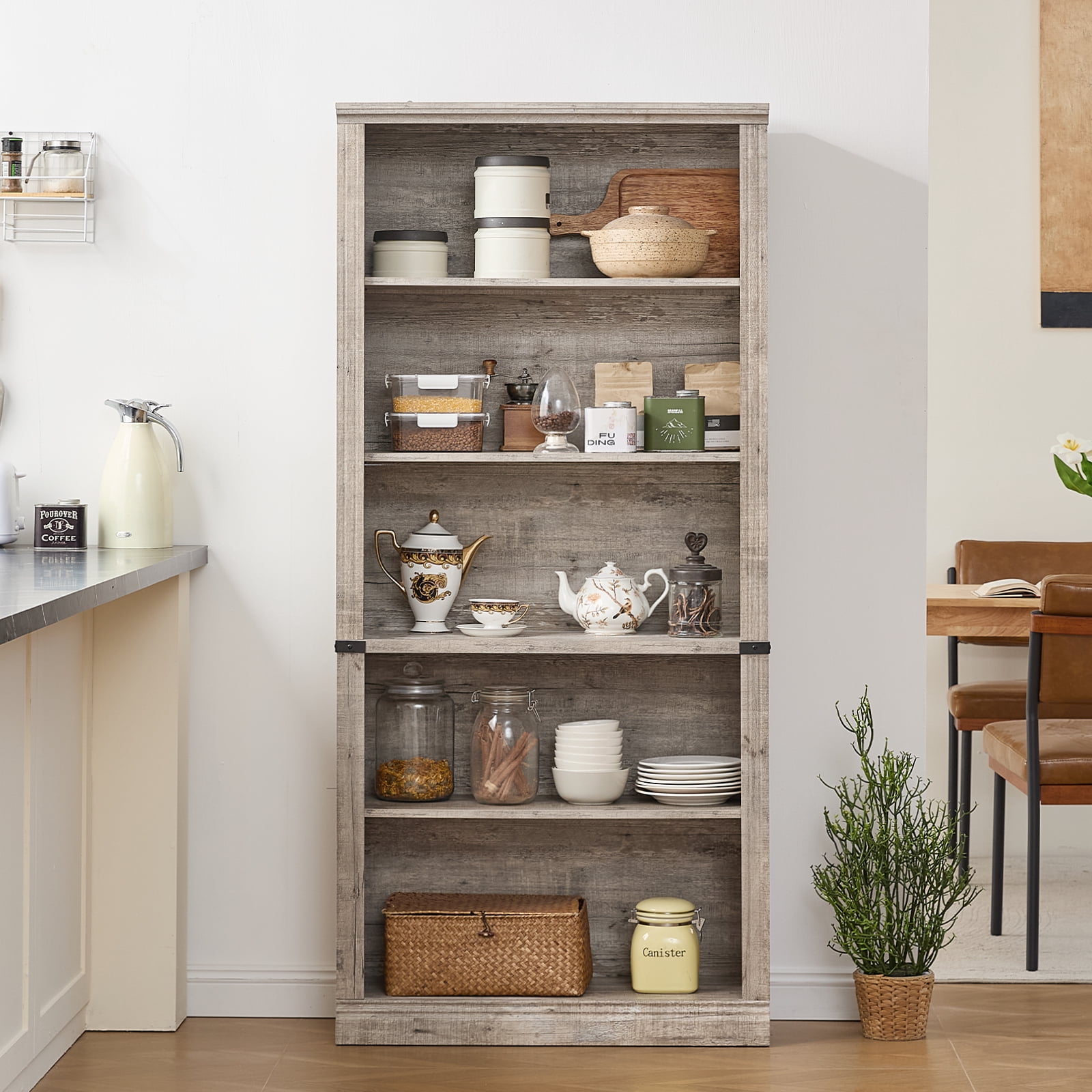Buildhom 2pc 70" Tall Farmhouse Bookshelf, 5-Tier Solid Wood Bookcase with Adjustable Shelves for Living Room & Office, Grey