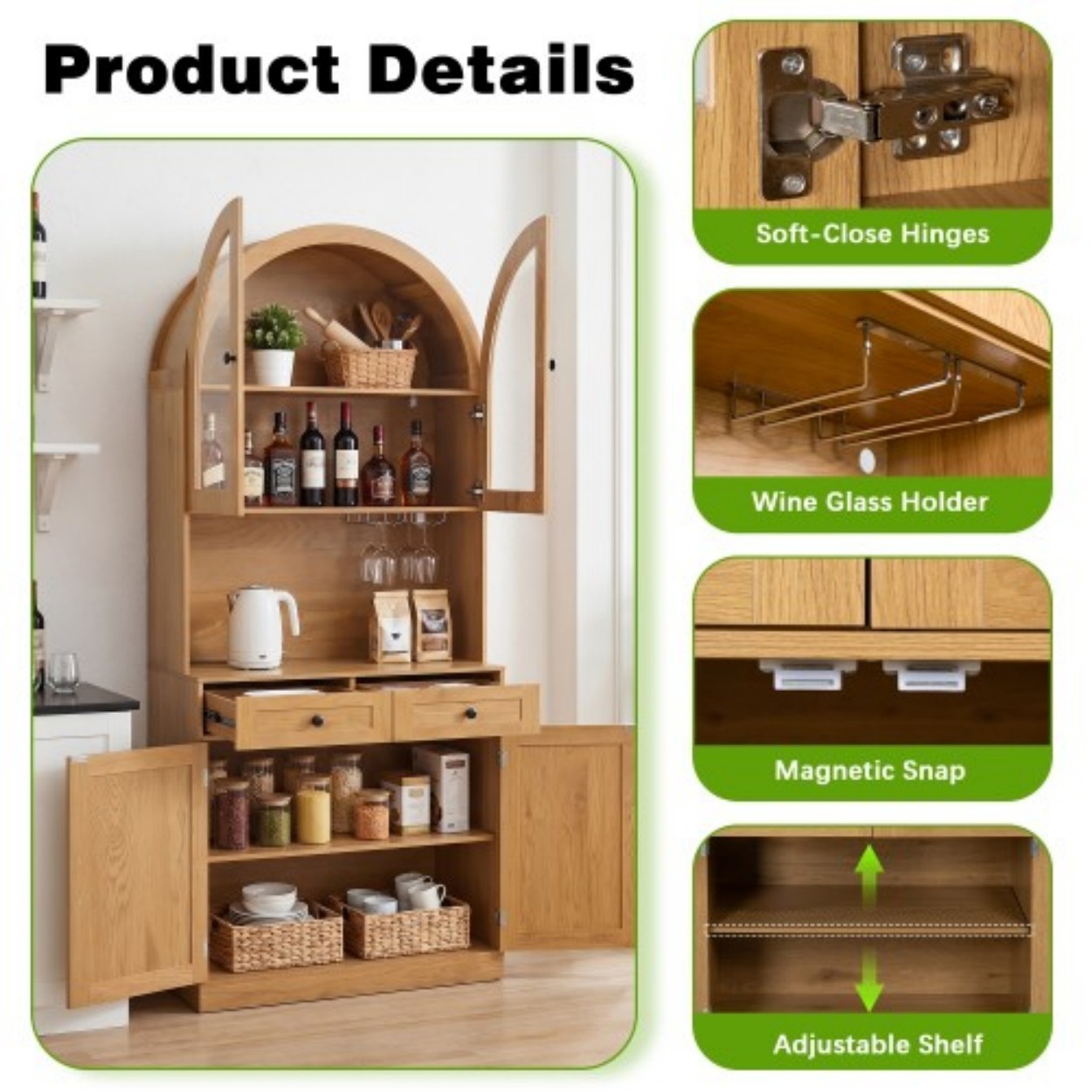 75" Farmhouse Tall Arched Pantry Cabinet with Charging Station, Coffee Bar Countertop, Adjustable Shelves & Drawer, Freestanding Kitchen Storage Cabinet for Dining Room Living Room, Oak