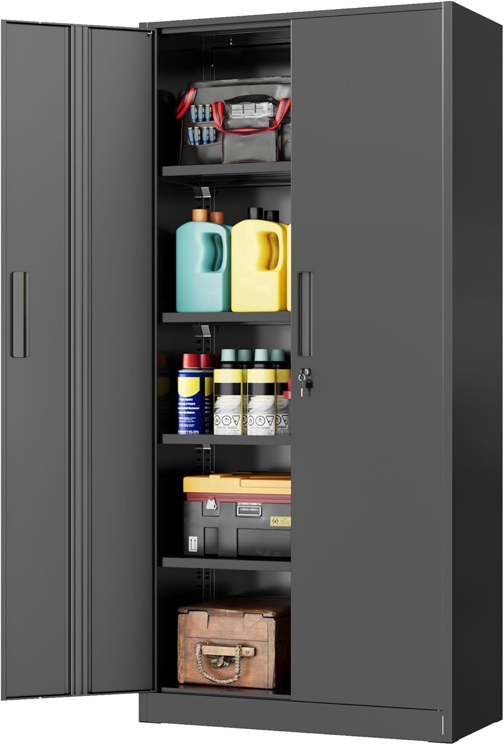 SOLAURA Metal Storage Office Cabinets with Locking Doors and Adjustable Shelves, 71 inch Tall Steel Storage Cabinet for Office, Home (Black)