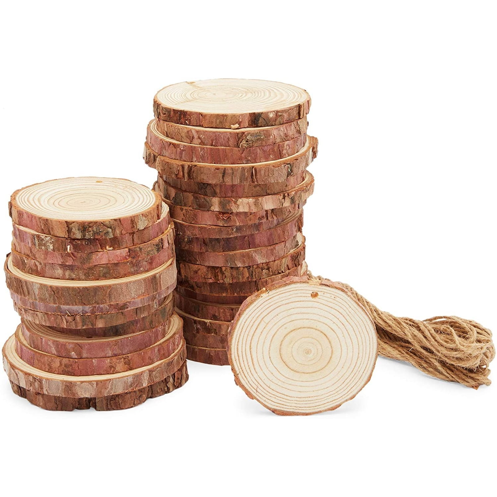 CEWOR 24pcs 3.1-3.5 Natural Wood Slices with Holes Craft Wood and 33Ft Jute Twine 