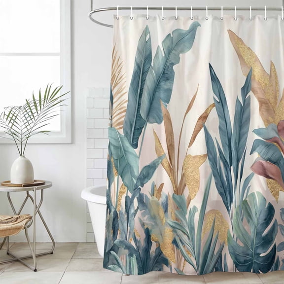 Green Yellow Tropical Leaves Waterproof Fabric Shower Curtain,Vintage Botanical Summer Waterproof Fabric Shower Curtain for Bathroom Curtains Bathtubs Shower Curtains with 12 Hooks Standard 72x72