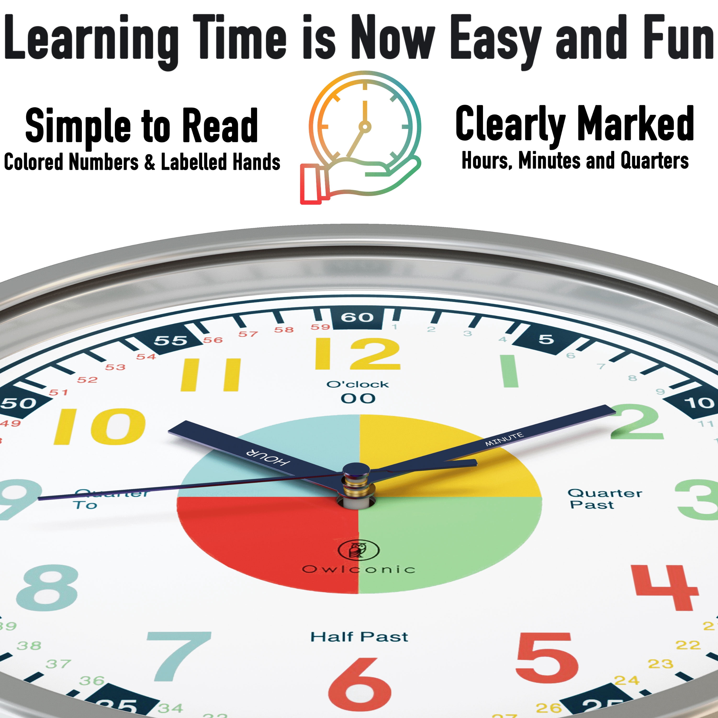 Owlconic® Kids Learning Wall Clock, Silent Analog Teaching Clock, 10 Inch, Multicolor