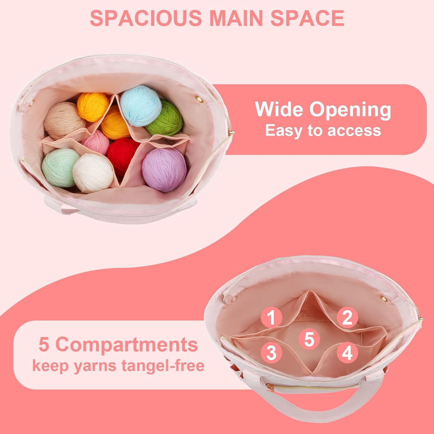 Crochet Bag Organizer for Yarn Storage, Velvet Knitting Tote Bag with Double Handle for Crochet Accessories, Portable Travel Case for Yarn Balls, Crochet Hooks& Knitting Needles Holder (Pink)