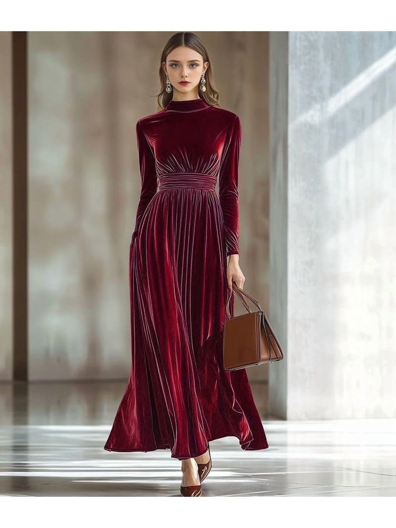 womens formal velvet dresses Dress for Women High Neck Long Sleeve Elegant Flowy Maxi Wedding Party Gown Evening Dress Deep Red M watercolor wedding dress