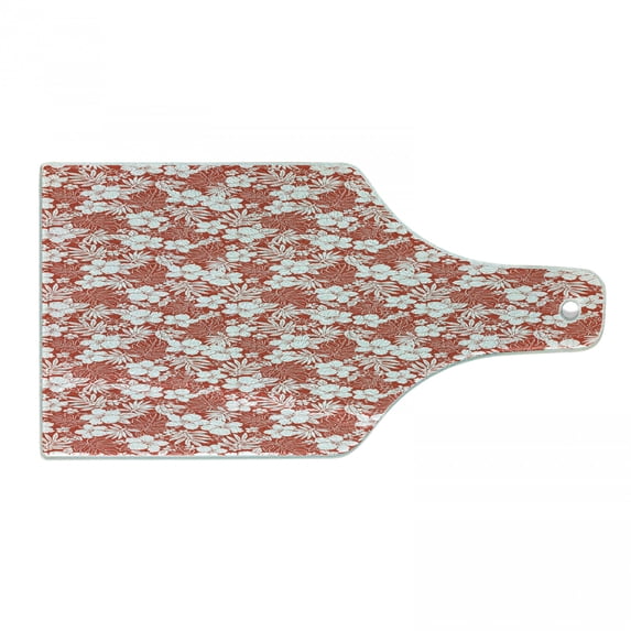 Luau Cutting Board, Hawaiian Hibiscus Florets Bouquet Summer Petals Exotic Beauty Wildflowers Print, Tempered Glass Cutting and Serving Board, Wine Bottle Shape, Vermilion White, by Ambesonne