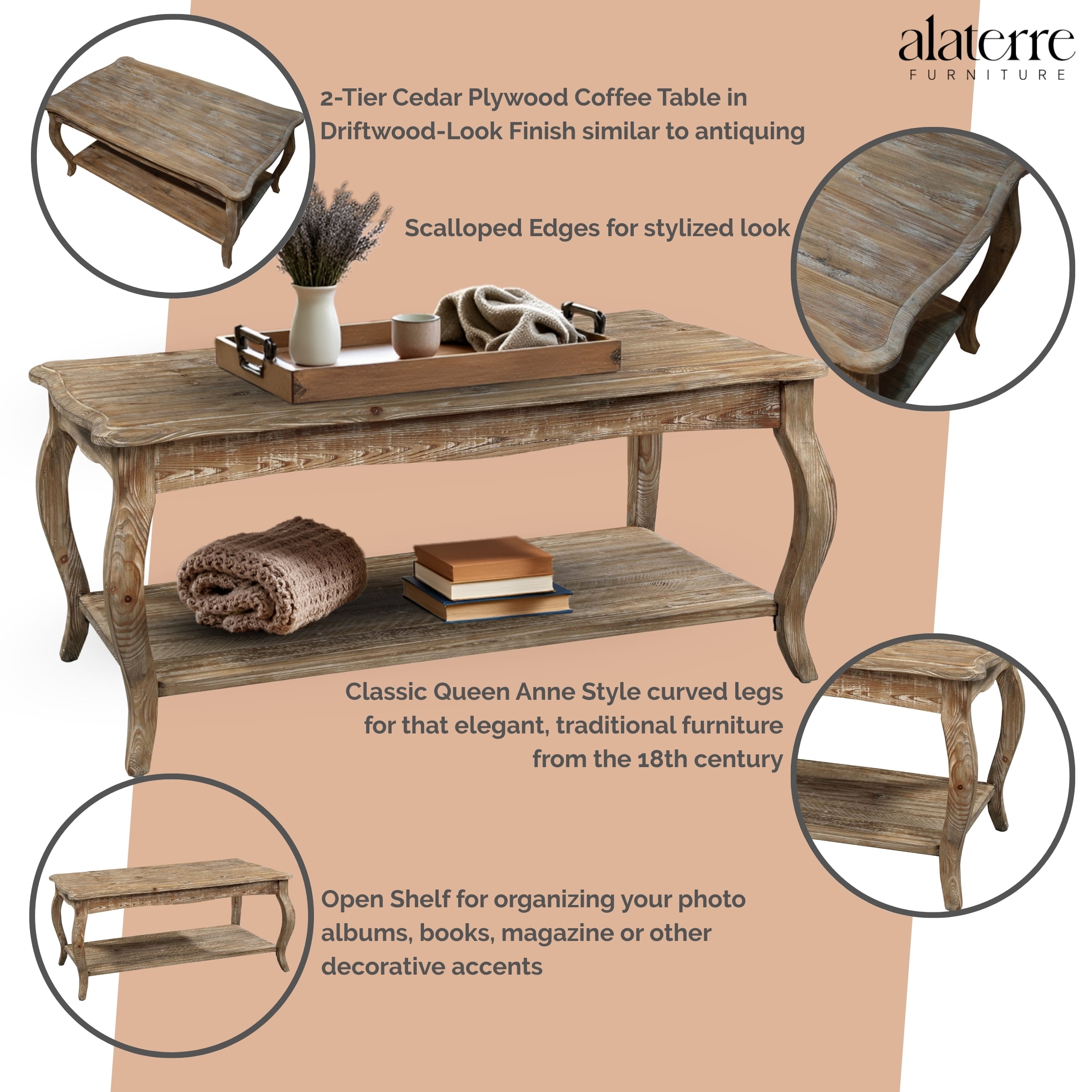 Rustic Coffee Table with Open Shelf, Driftwood Natural Finish