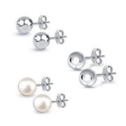 LeCalla 925 Sterling Silver Light-Weight Hypoallergenic Classic, Hammered and Pearl Ball Stud Earrings for Women and Teen Set of 3 Pairs (8MM, 8MM, 8MM)