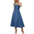 thumbnail image 2 of Women's Sleeveless Denim Dresses Square Neck Stretch Raw Hem Jean Maxi Dress S Blue, 2 of 6