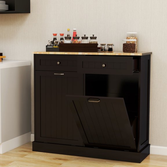 Tcbosik Tilt Out Trash Bin Cabinet with 2 Compartments, Dog Proof Trash Can Holder with 2 Storage Drawers, Freestanding Laundry Sorter Cabinet for Kitchen, Black