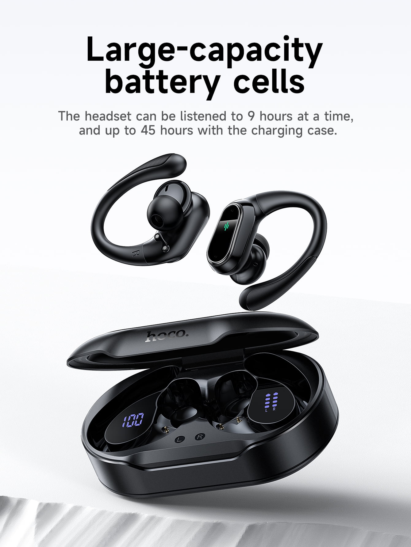HOCO Open-Ear Bluetooth Earbuds with Smart Digital Power Display,500mAh Charging Case, Lightweight, Secure Fit for Sports