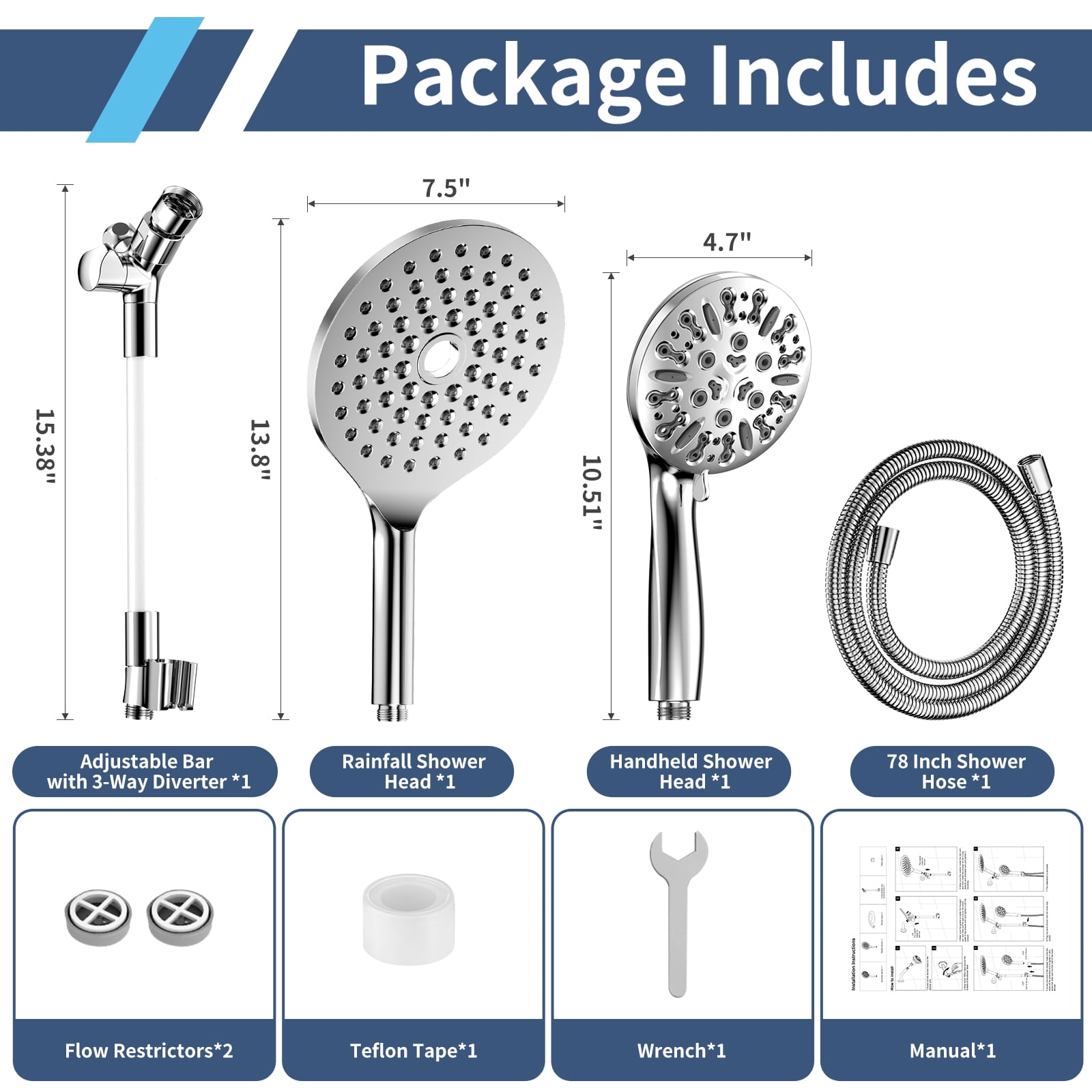KAIYING Dual Shower Heads with Handheld Spray, 9-Mode High-Pressure Rainfall Shower, 79-Inch Hose, Chrome