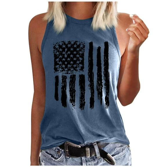 Pimfylm 4th of July Tank Tops Shirts Women Casual Summer American Flag Graphic T-Shirt(Blue,M)