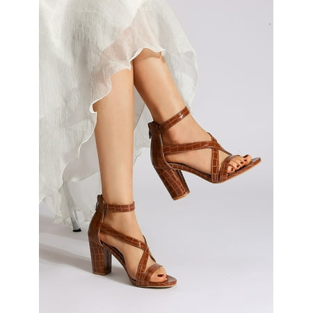 

Embossed Criss Cross Chunky Heeled Sandals Women‘s Footwear