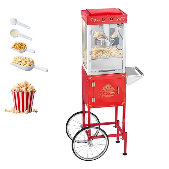 KFFKFF Popcorn Machine with Cart, 8oz Stainless Steel Kettle, 800W Commercial Maker, Produces 48 Cups per Batch, Theater-Style Design with Glass Wall, PC Door, 2-Button Control