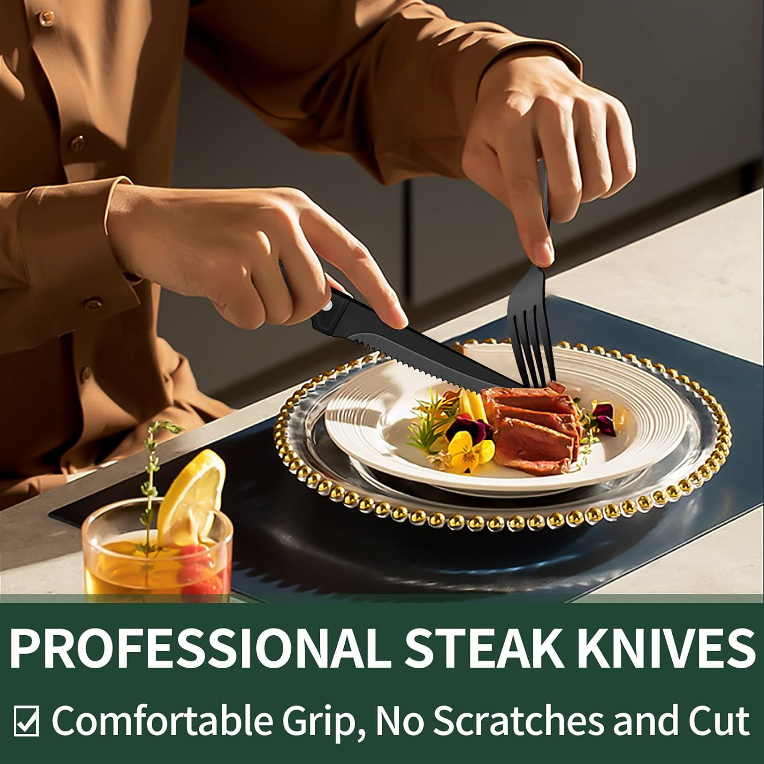 24-Pieces Black Silverware Set with Steak Knives, AOKIWO Black Flatware Set for 4, Food-Grade Stainless Steel Tableware Cutlery Set, Mirror Finished Utensil Sets for Kitchen Restaurant