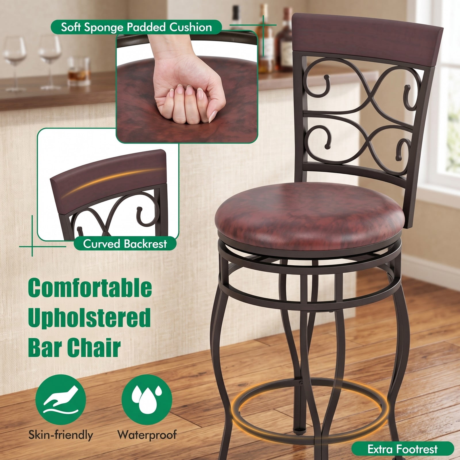 Furnibear Set of 2 26 Inch Swivel Bar Stools with Backrest and Footrest, Vintage Counter Height Metal Barstools with PU Leather Cushioned Seat for Kitchen, Brown